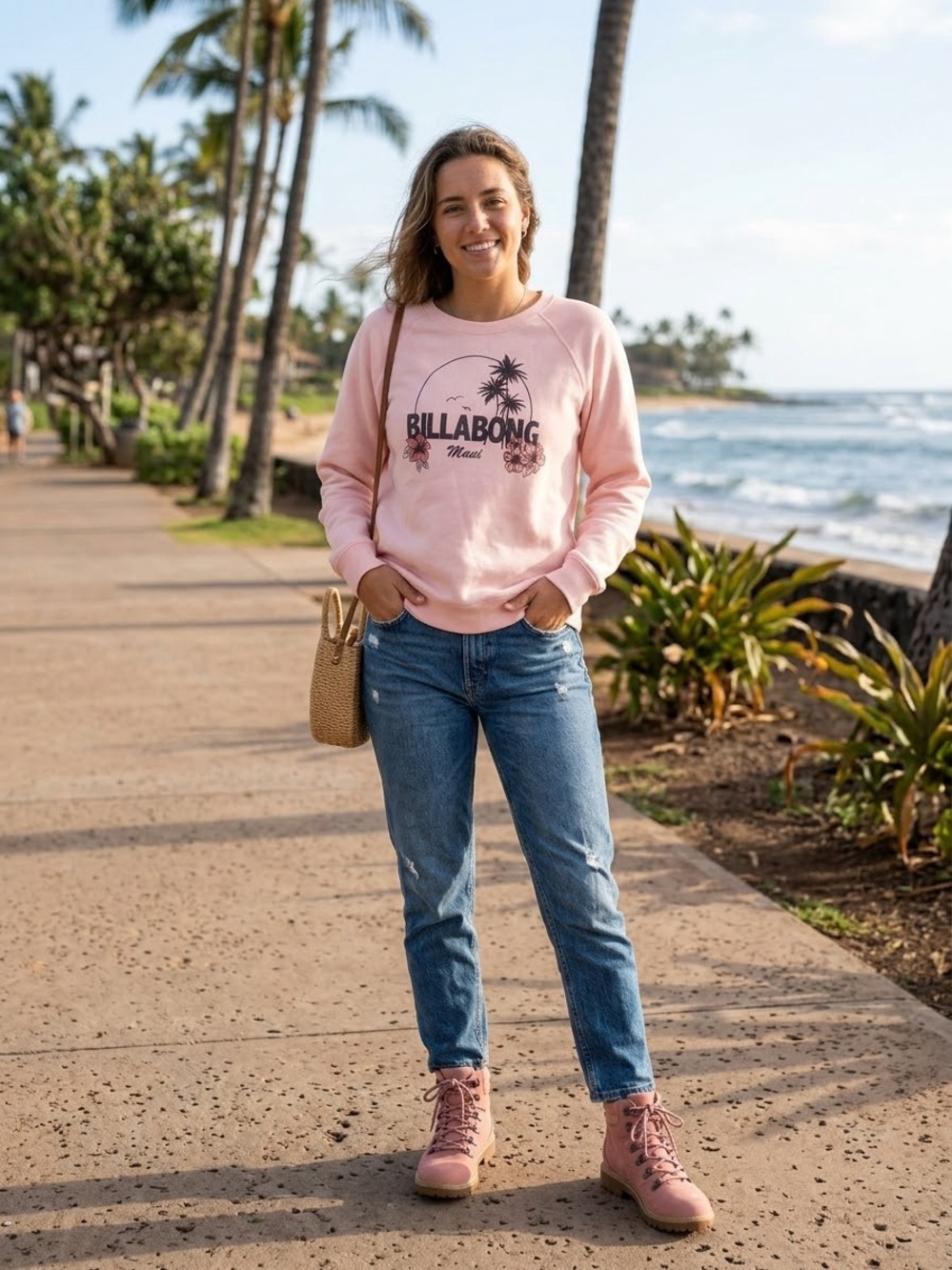 BILLABONG Pink Graphic Crewneck Sweatshirt. Size L